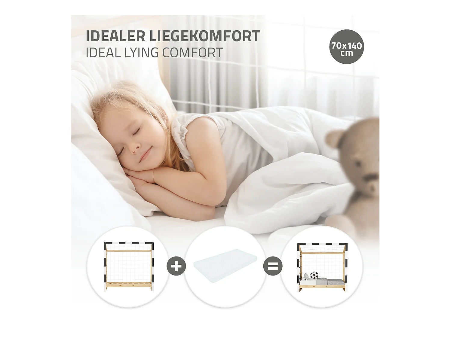 Lit d'enfant but de foot 70x140 cm naturel beige cadre en bois de pin avec sommier à lattes cage de football et matériel de montage pour adolescent