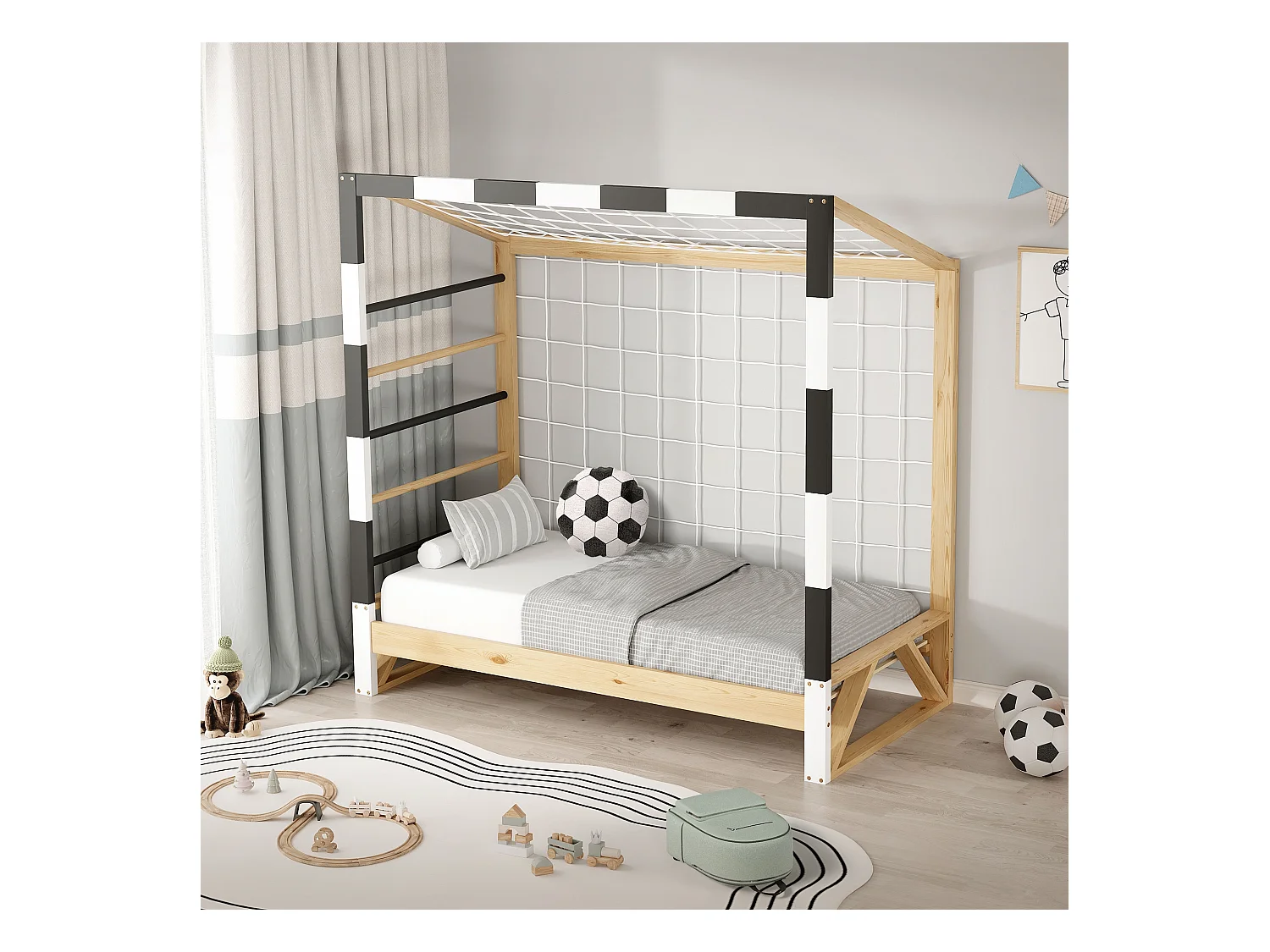 Lit d'enfant but de foot 70x140 cm naturel beige cadre en bois de pin avec sommier à lattes cage de football et matériel de montage pour adolescent