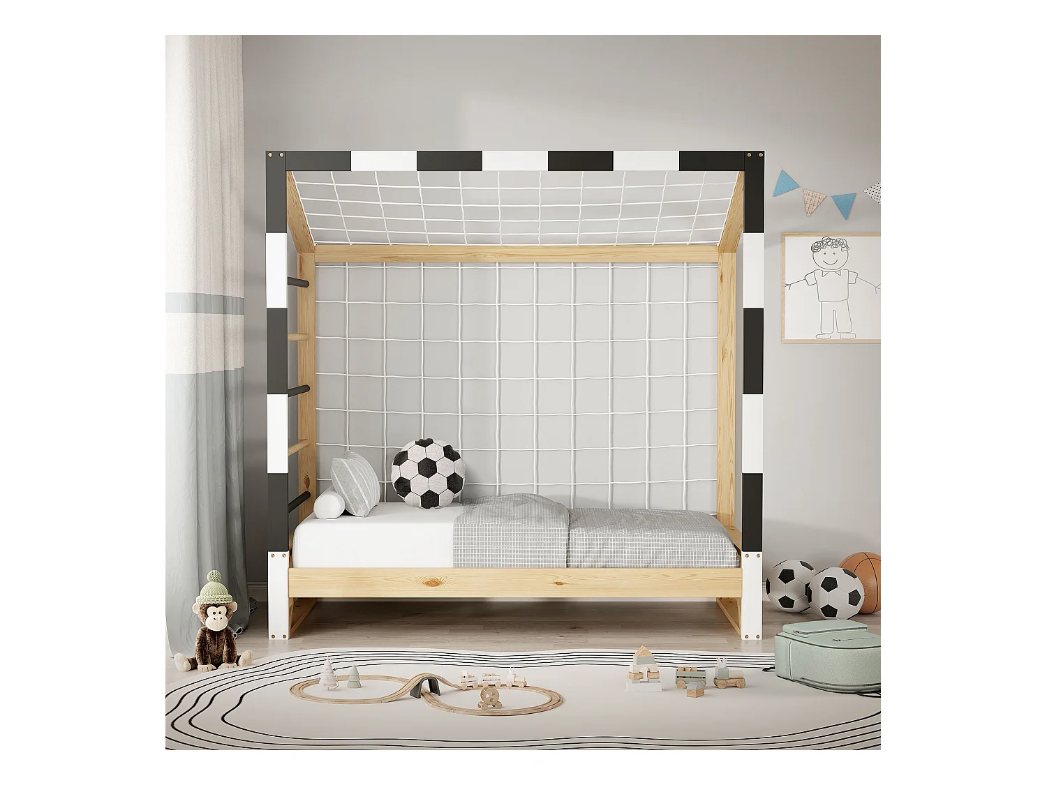 Lit d'enfant but de foot 70x140 cm naturel beige cadre en bois de pin avec sommier à lattes cage de football et matériel de montage pour adolescent