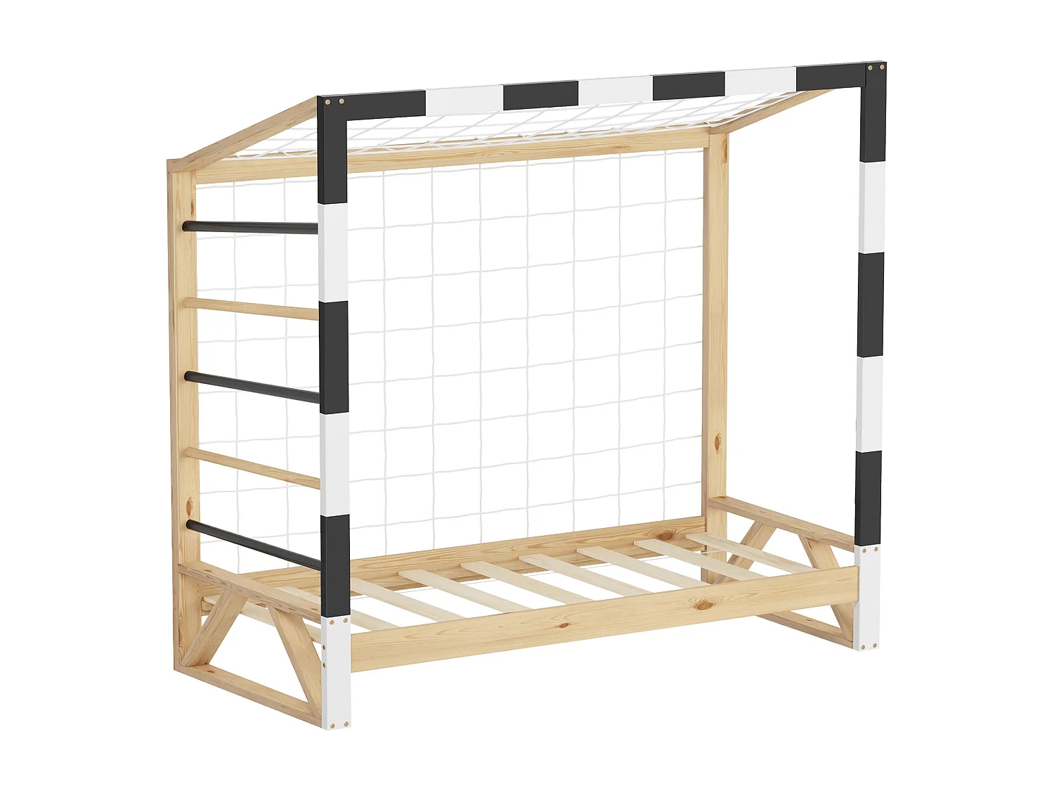 Lit d'enfant but de foot 70x140 cm naturel beige cadre en bois de pin avec sommier à lattes cage de football et matériel de montage pour adolescent