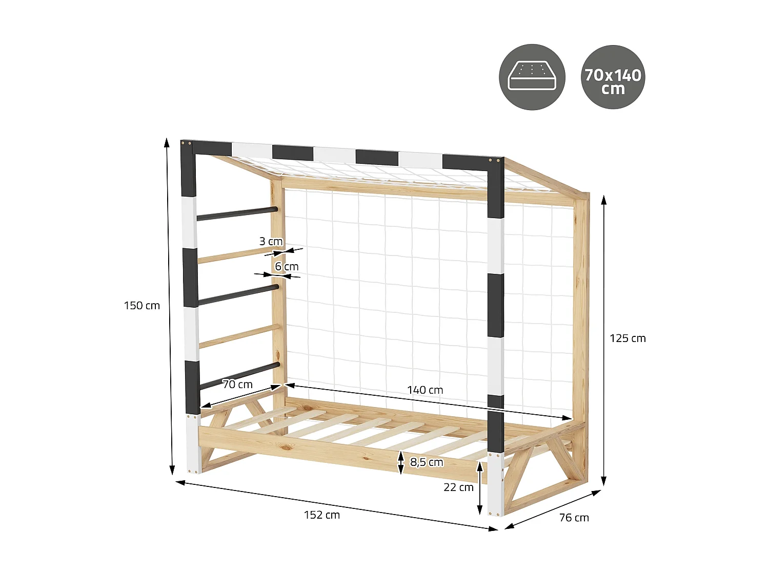 Lit d'enfant but de foot 70x140 cm naturel beige cadre en bois de pin avec sommier à lattes cage de football et matériel de montage pour adolescent