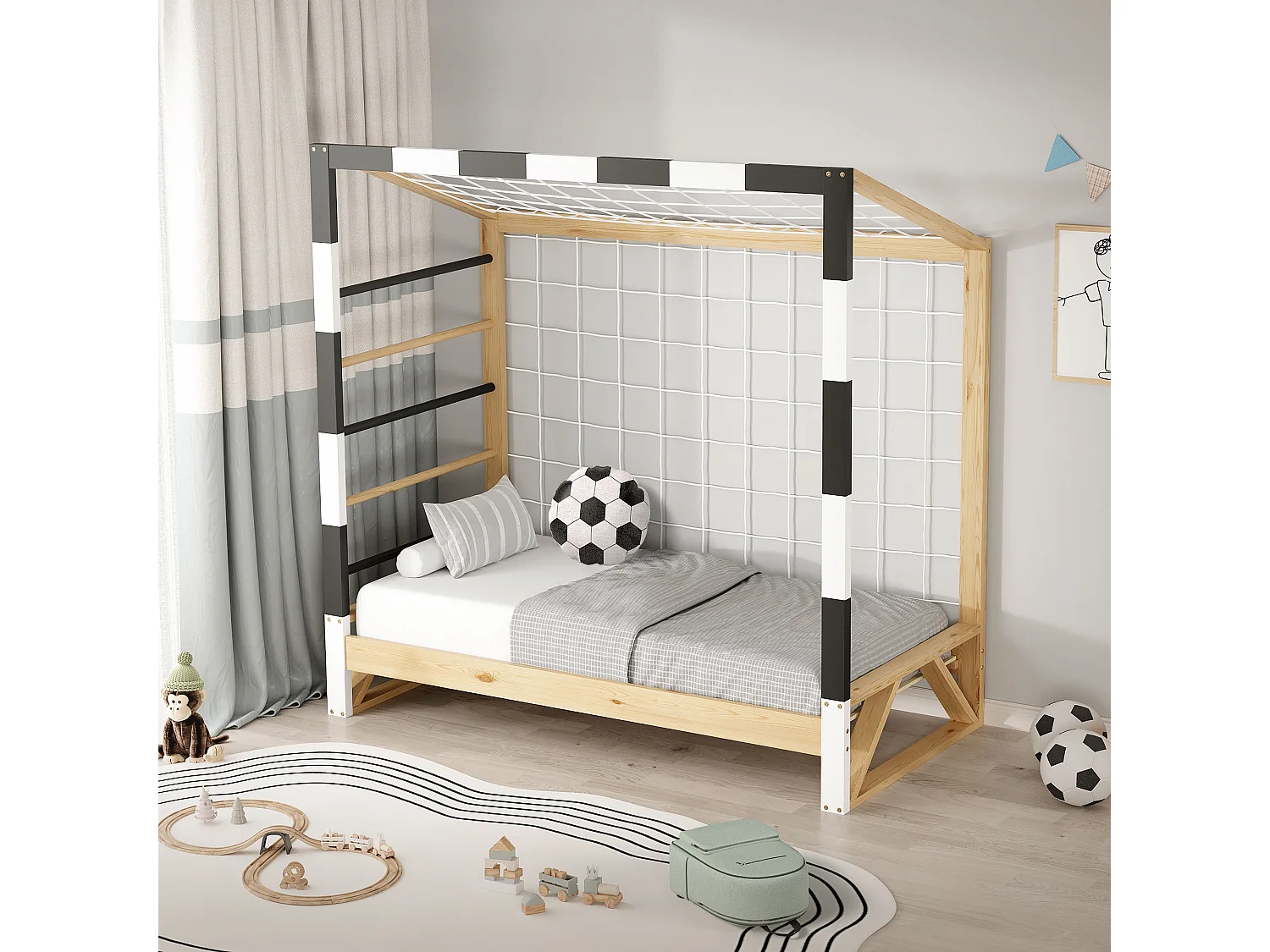 ML-Design Letto per bambini 70x140 cm naturale con porta da calcio bianco nero scala e rete laterale in legno di pino massiccio per cameretta sportiva