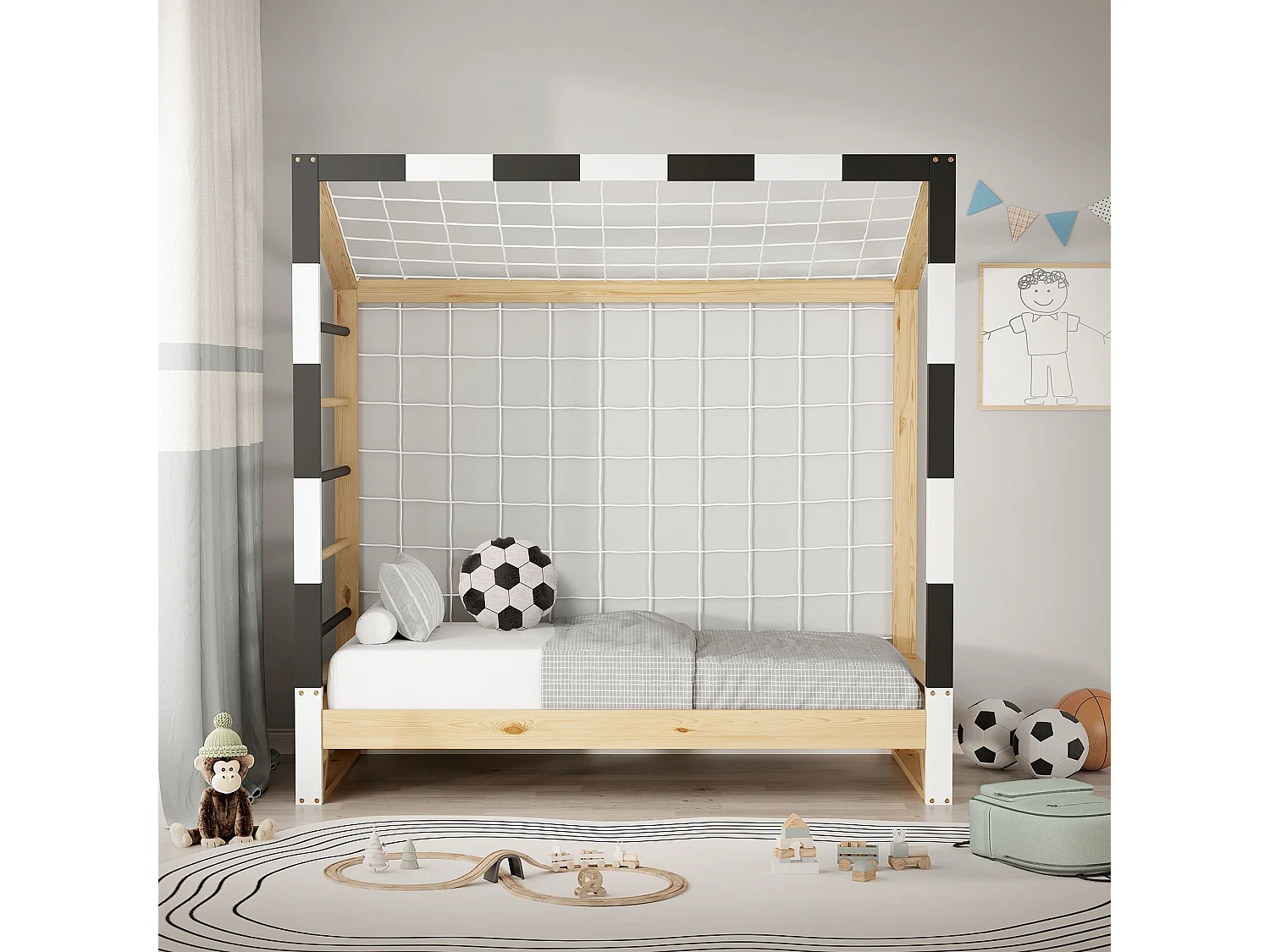 ML-Design Letto per bambini 70x140 cm naturale con porta da calcio bianco nero scala e rete laterale in legno di pino massiccio per cameretta sportiva