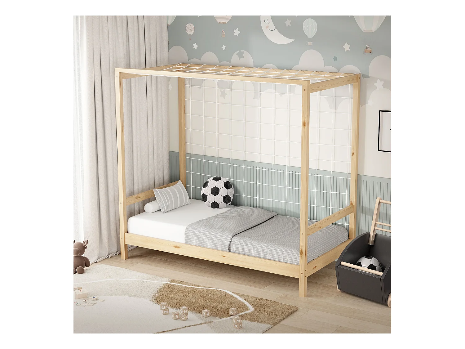 Lit d'enfant but de foot 80x160 cm naturel beige cadre bois de pin massif avec sommier à lattes cage de football et matériel de montage d'adolescent