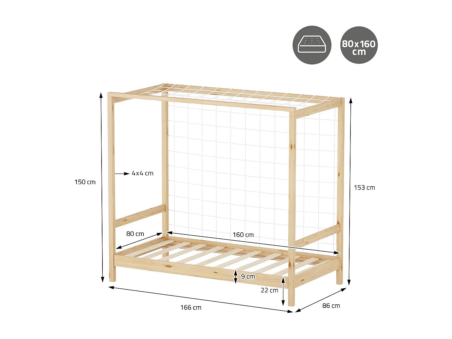 Lit d'enfant but de foot 80x160 cm naturel beige cadre bois de pin massif avec sommier à lattes cage de football et matériel de montage d'adolescent