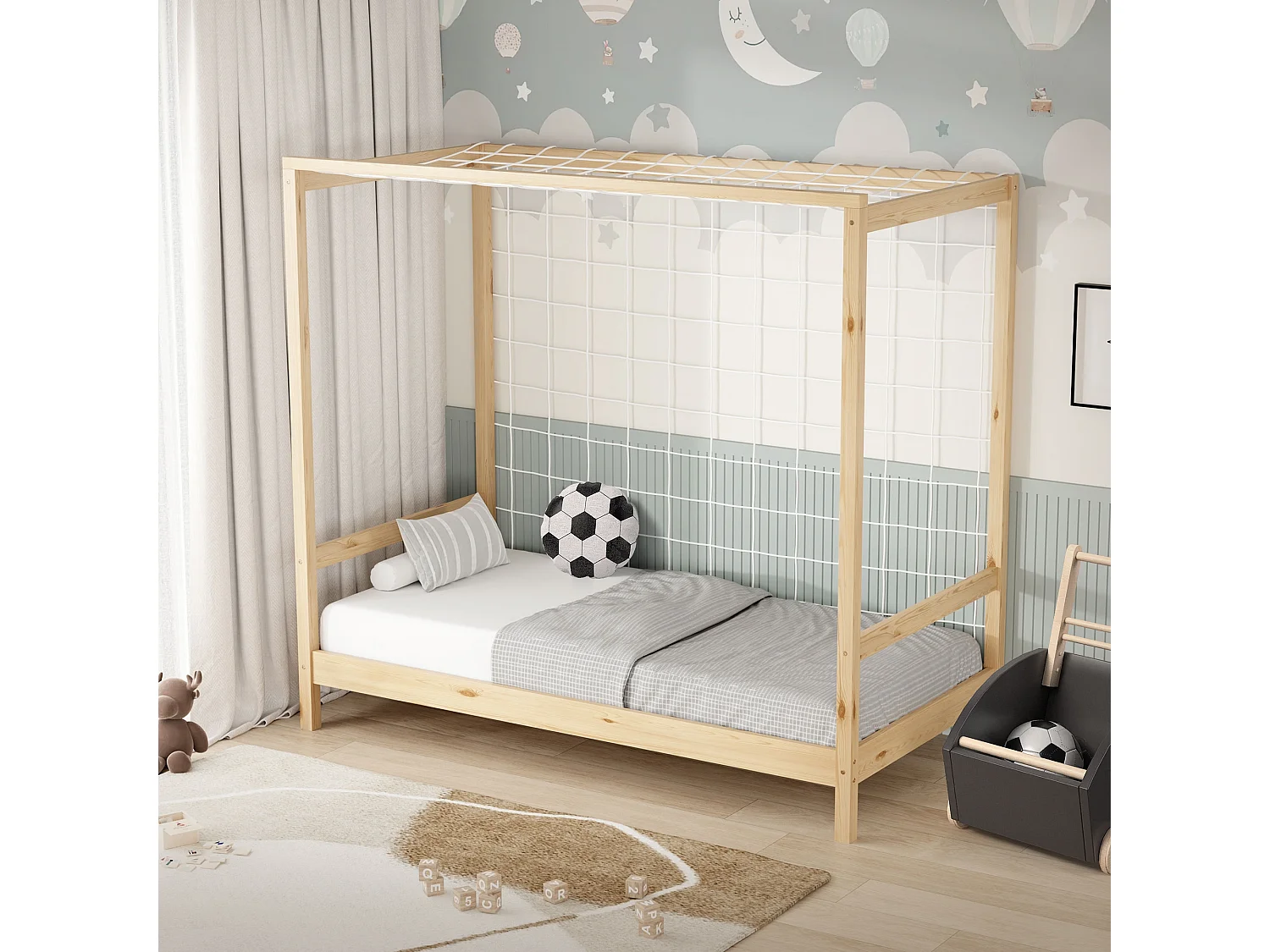 Lit d'enfant but de foot 80x160 cm naturel beige cadre bois de pin massif avec sommier à lattes cage de football et matériel de montage d'adolescent