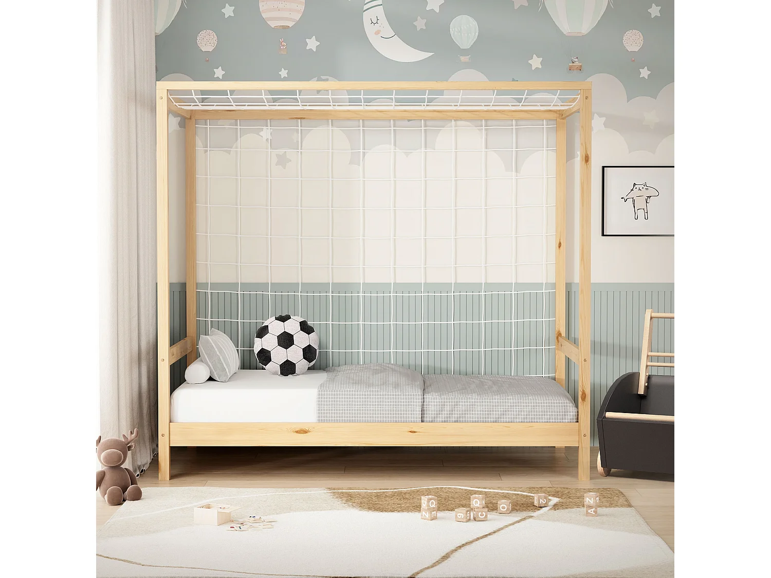 Lit d'enfant but de foot 80x160 cm naturel beige cadre bois de pin massif avec sommier à lattes cage de football et matériel de montage d'adolescent