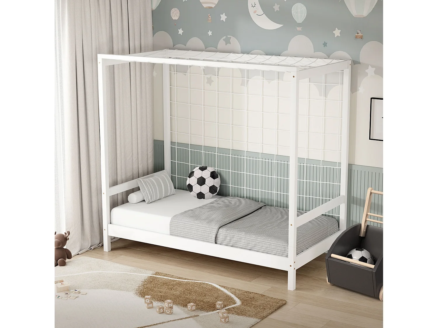 Lit d'enfant but de foot 80x160 cm blanc cadre de lit en bois de pin massif avec sommier à lattes cage de football et matériel de montage d'adolescent