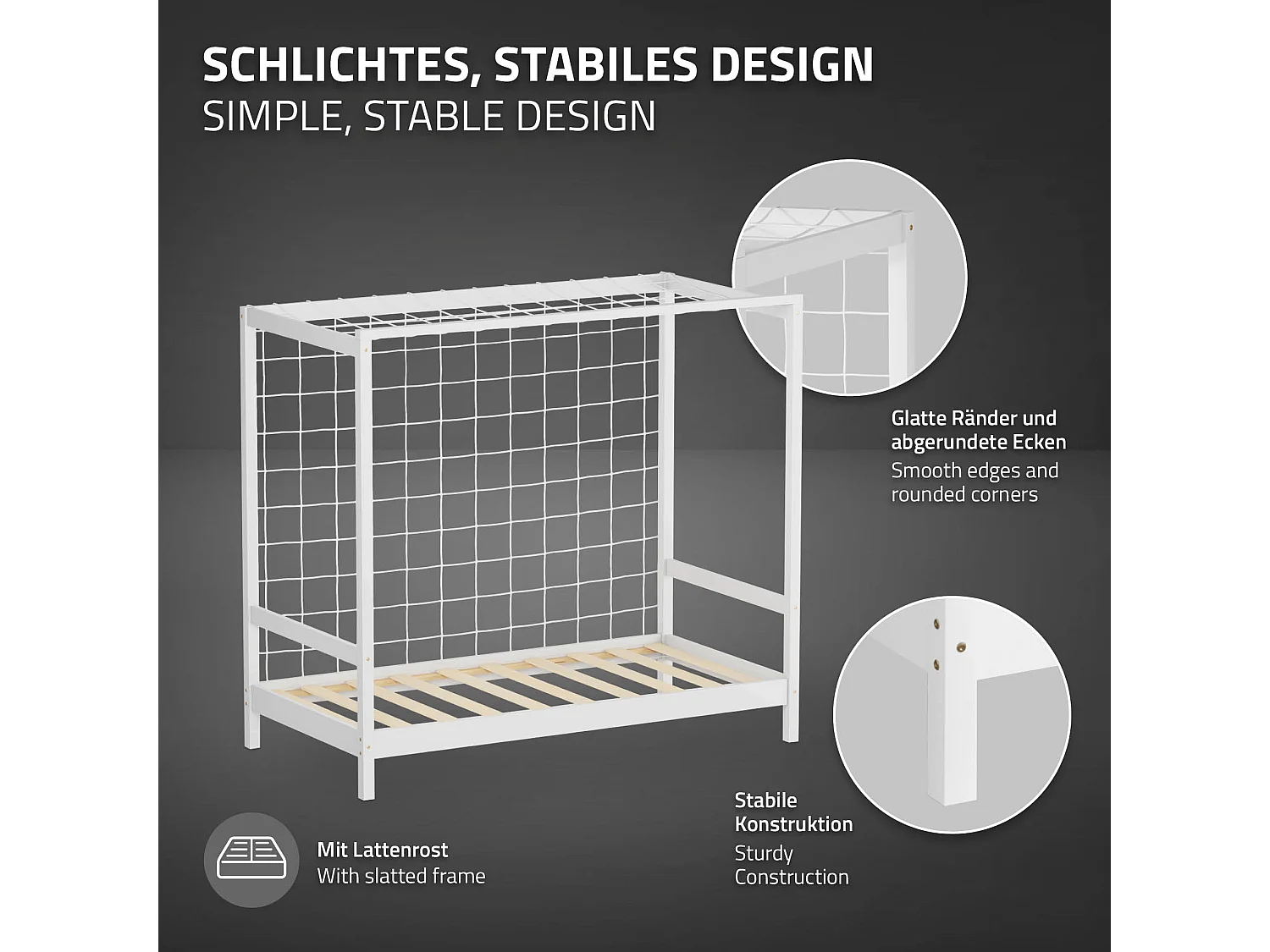 Lit d'enfant but de foot 80x160 cm blanc cadre de lit en bois de pin massif avec sommier à lattes cage de football et matériel de montage d'adolescent