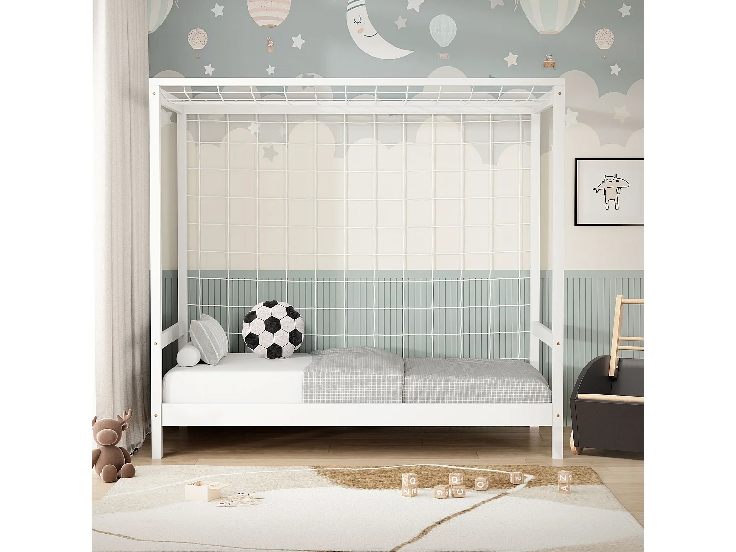 Lit d'enfant but de foot 80x160 cm blanc cadre de lit en bois de pin massif avec sommier à lattes cage de football et matériel de montage d'adolescent