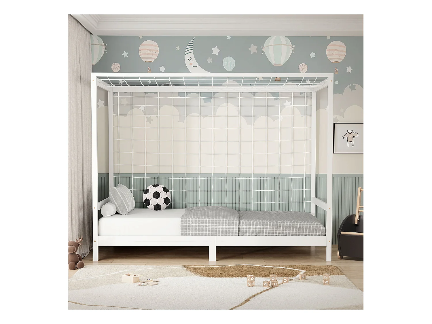 Lit d'enfant but de foot 90x200 cm blanc cadre de lit en bois de pin massif avec sommier à lattes cage de football et matériel de montage d'adolescent