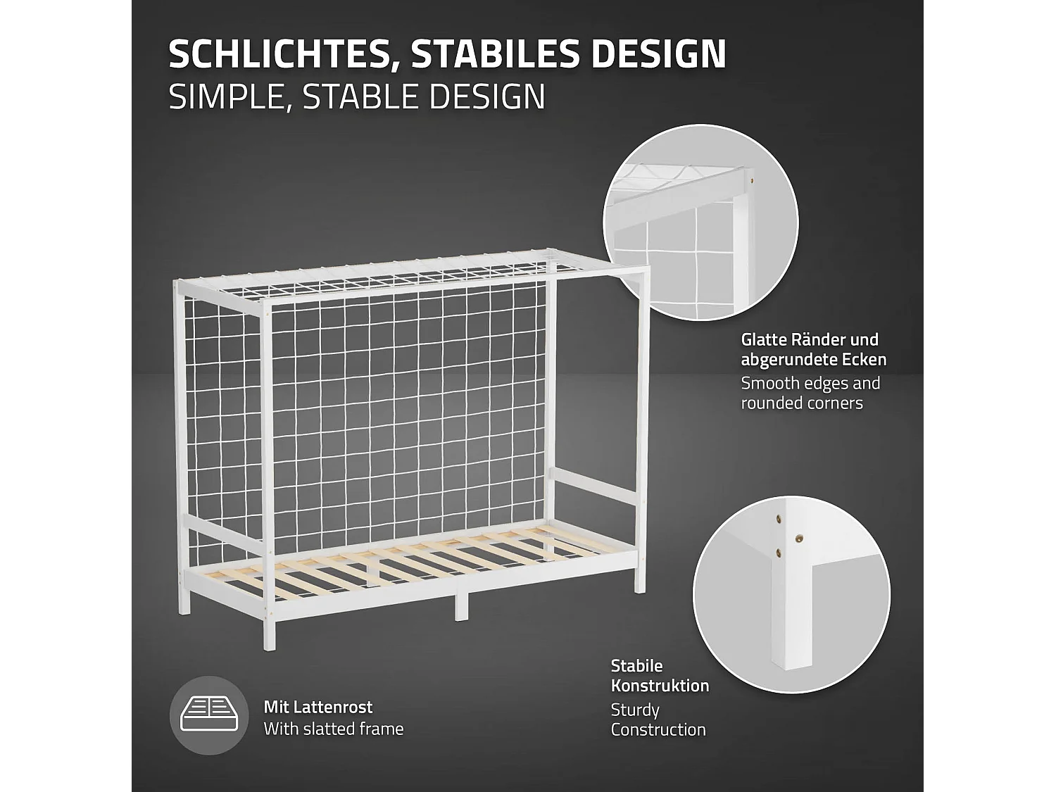 Lit d'enfant but de foot 90x200 cm blanc cadre de lit en bois de pin massif avec sommier à lattes cage de football et matériel de montage d'adolescent