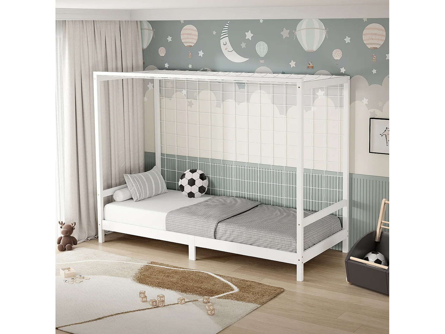 Lit d'enfant but de foot 90x200 cm blanc cadre de lit en bois de pin massif avec sommier à lattes cage de football et matériel de montage d'adolescent