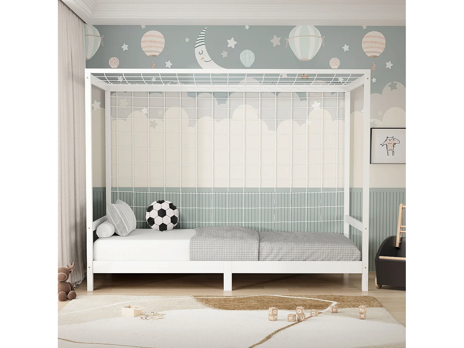 Lit d'enfant but de foot 90x200 cm blanc cadre de lit en bois de pin massif avec sommier à lattes cage de football et matériel de montage d'adolescent