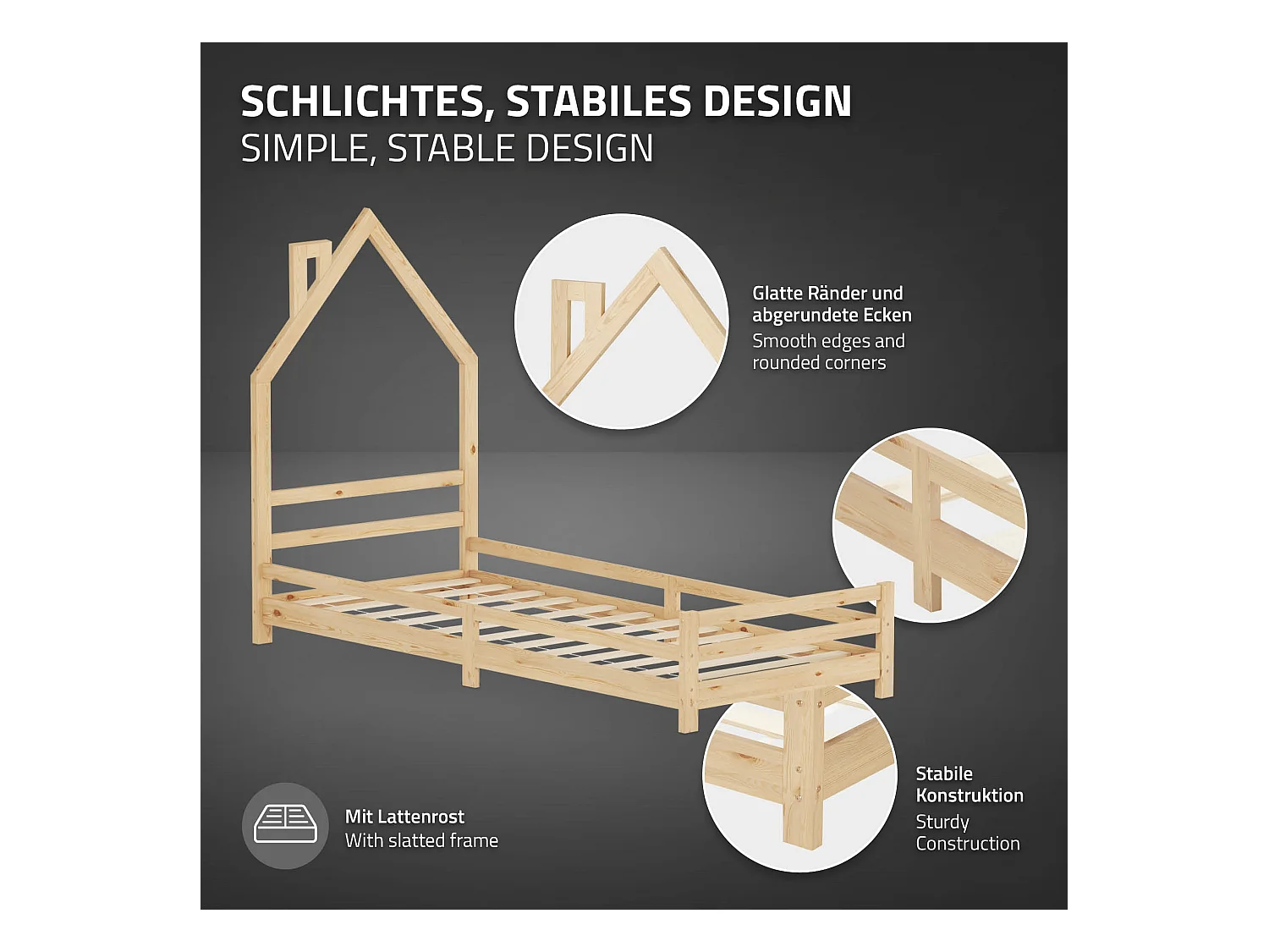 Lit d'enfant 90x200 cm naturel simple sans matelas tête cheminée en bois de pin massif avec sommier protection contre chutes matériel de montage