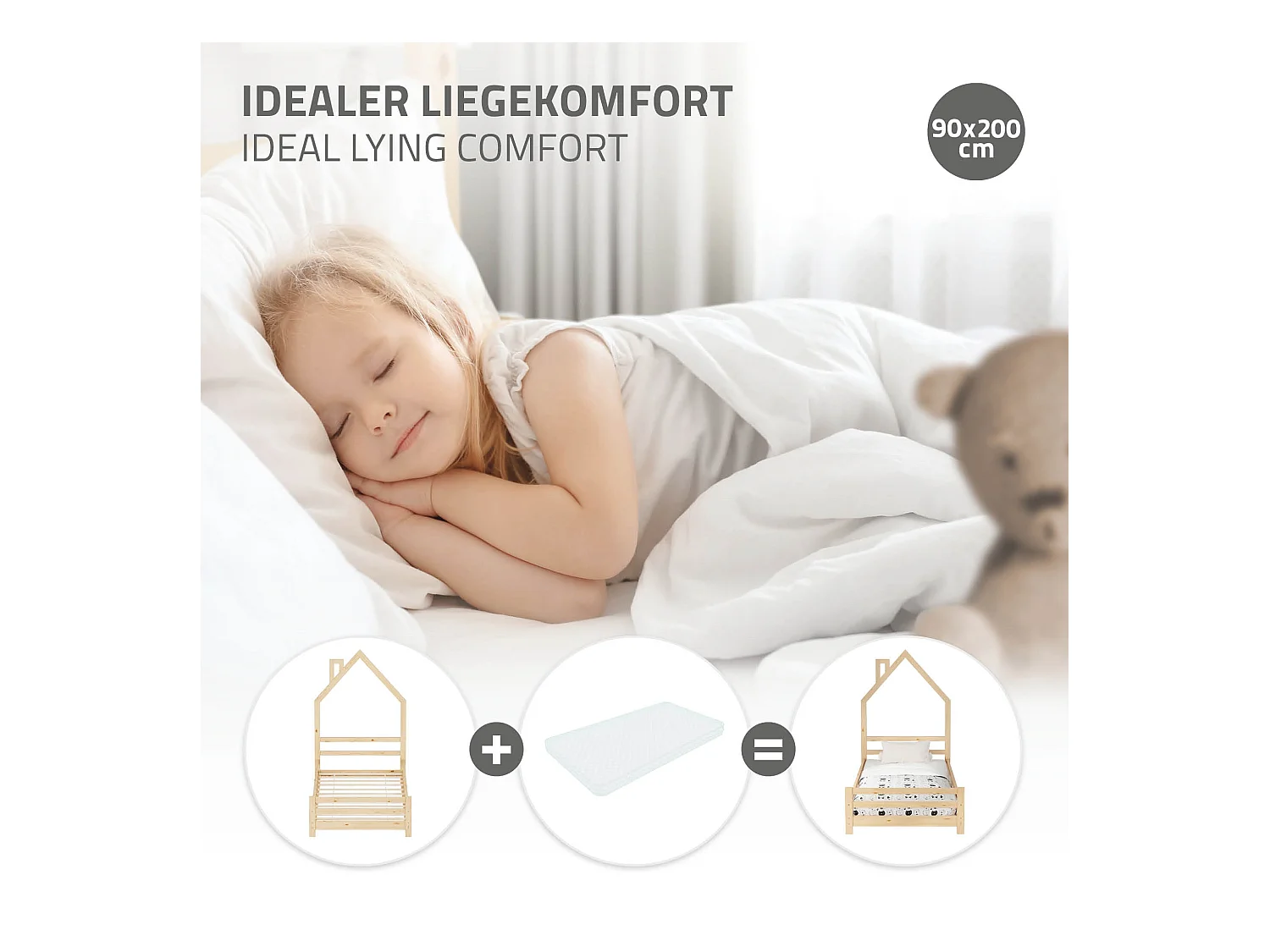 Lit d'enfant 90x200 cm naturel simple sans matelas tête cheminée en bois de pin massif avec sommier protection contre chutes matériel de montage
