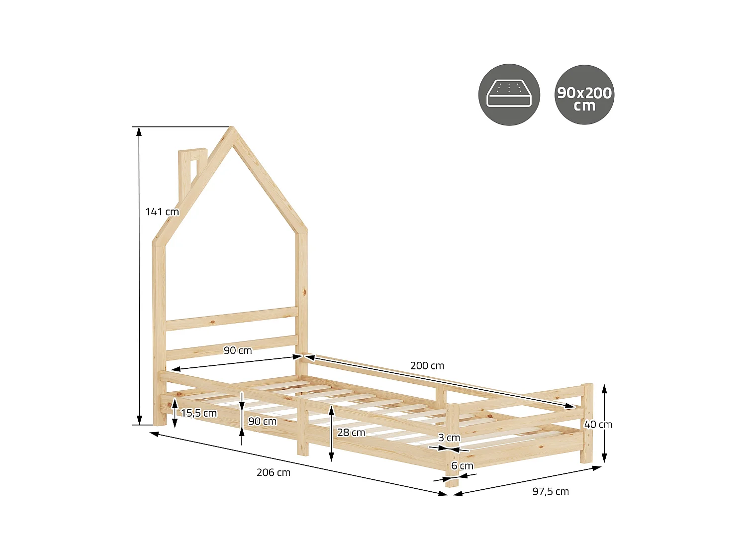 Lit d'enfant 90x200 cm naturel simple sans matelas tête cheminée en bois de pin massif avec sommier protection contre chutes matériel de montage