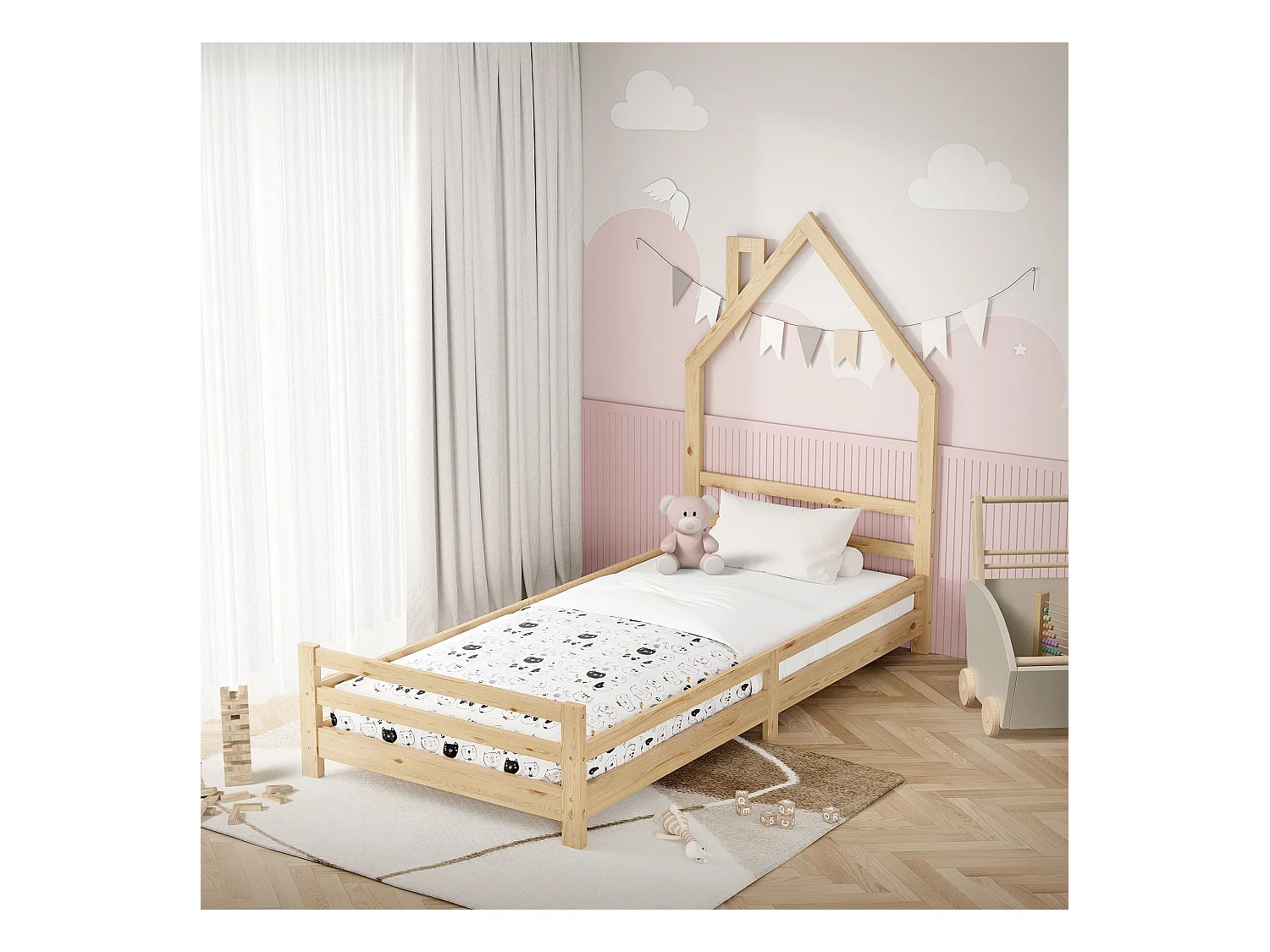 Lit d'enfant 90x200 cm naturel simple sans matelas tête cheminée en bois de pin massif avec sommier protection contre chutes matériel de montage
