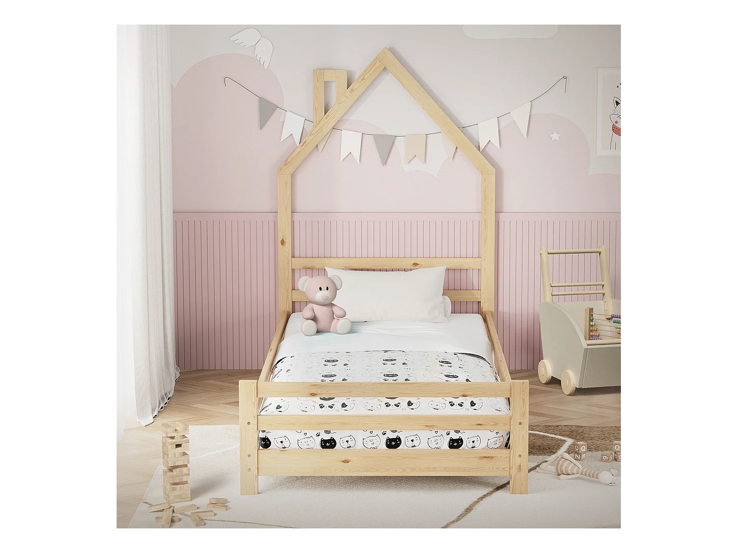 Lit d'enfant 90x200 cm naturel simple sans matelas tête cheminée en bois de pin massif avec sommier protection contre chutes matériel de montage