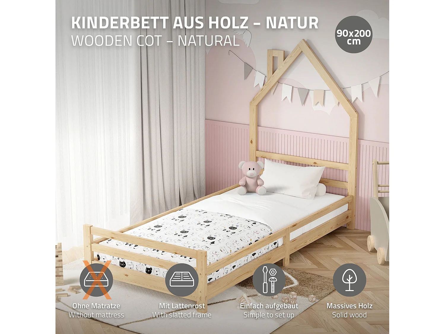 ML-Design Letto a casetta montessori 90x200 cm naturale in legno di pino con rete a doghe struttura gioco per cameretta bambini bambine arredo ragazzi