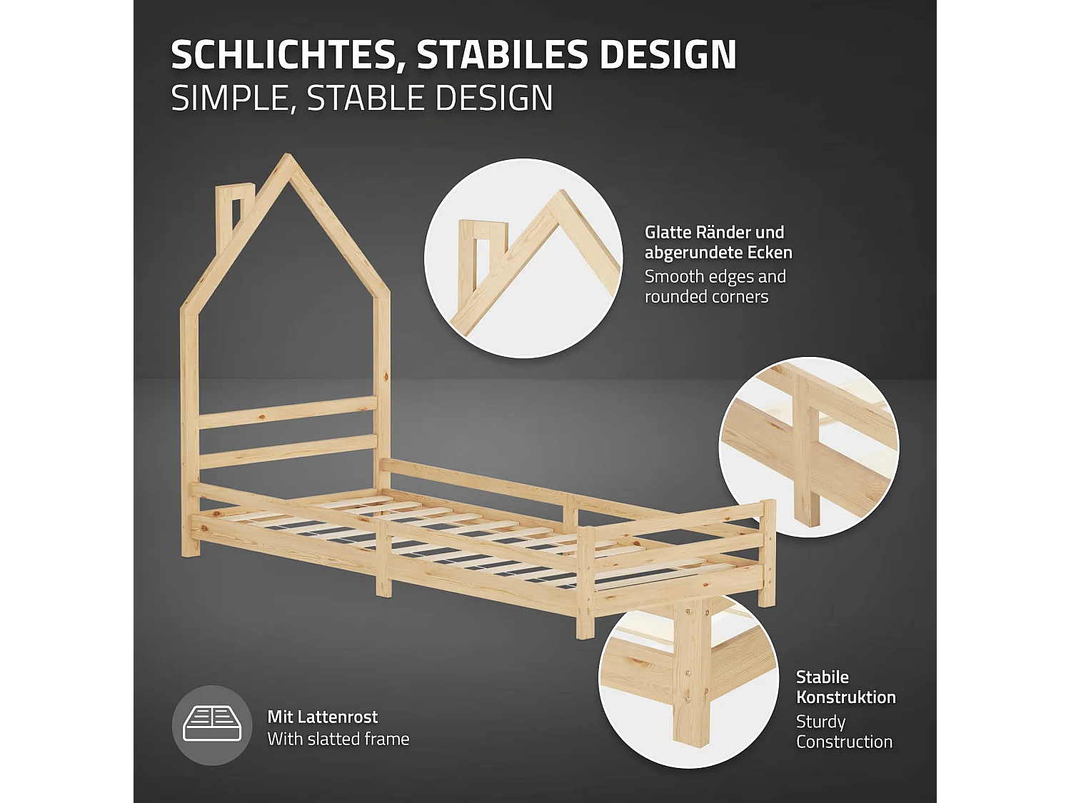 ML-Design Letto a casetta montessori 90x200 cm naturale in legno di pino con rete a doghe struttura gioco per cameretta bambini bambine arredo ragazzi