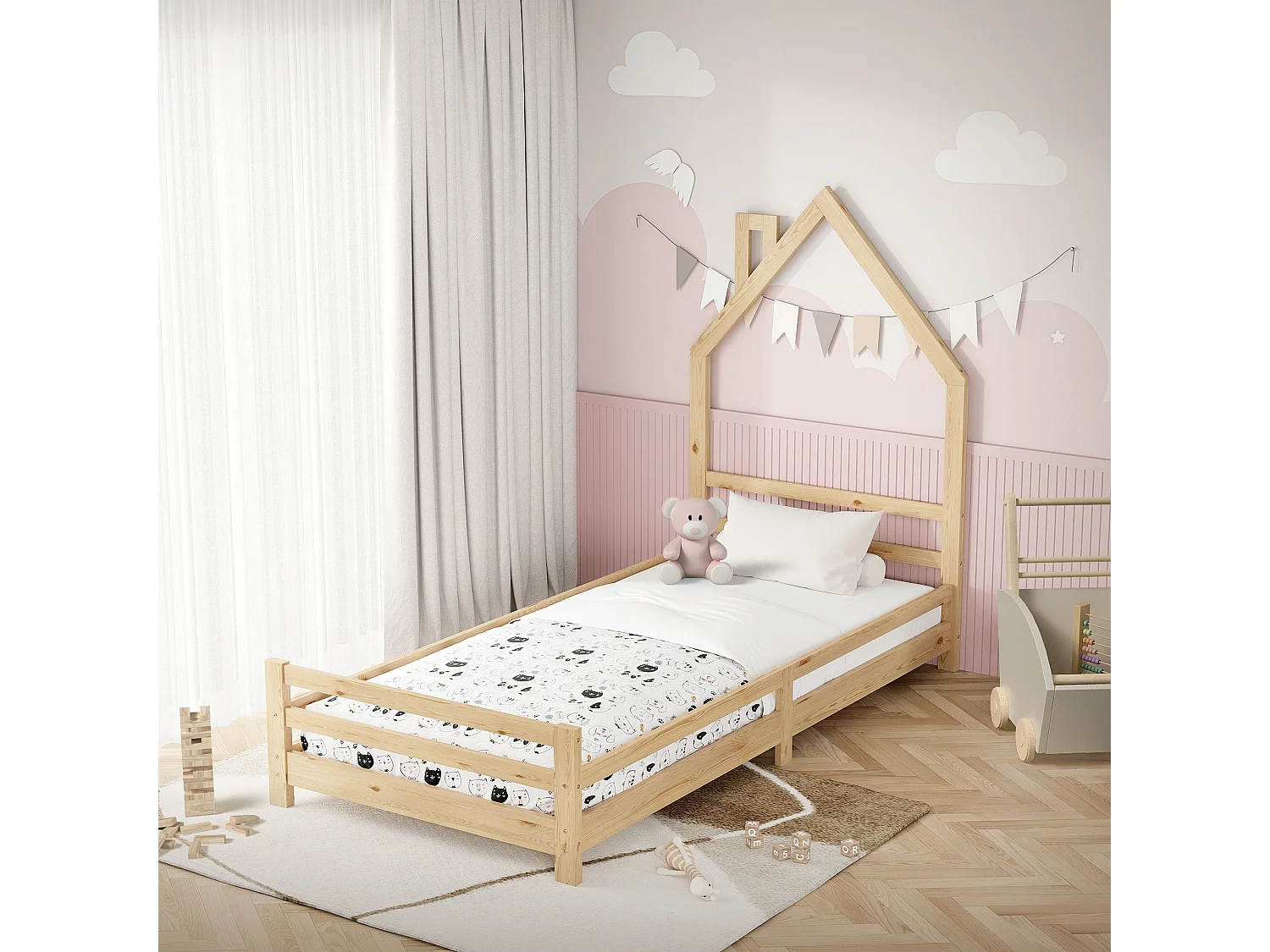 ML-Design Letto a casetta montessori 90x200 cm naturale in legno di pino con rete a doghe struttura gioco per cameretta bambini bambine arredo ragazzi