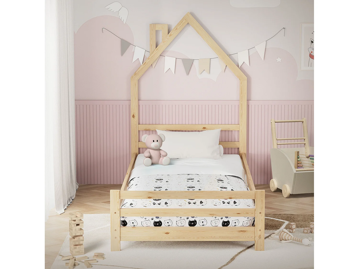 ML-Design Letto a casetta montessori 90x200 cm naturale in legno di pino con rete a doghe struttura gioco per cameretta bambini bambine arredo ragazzi