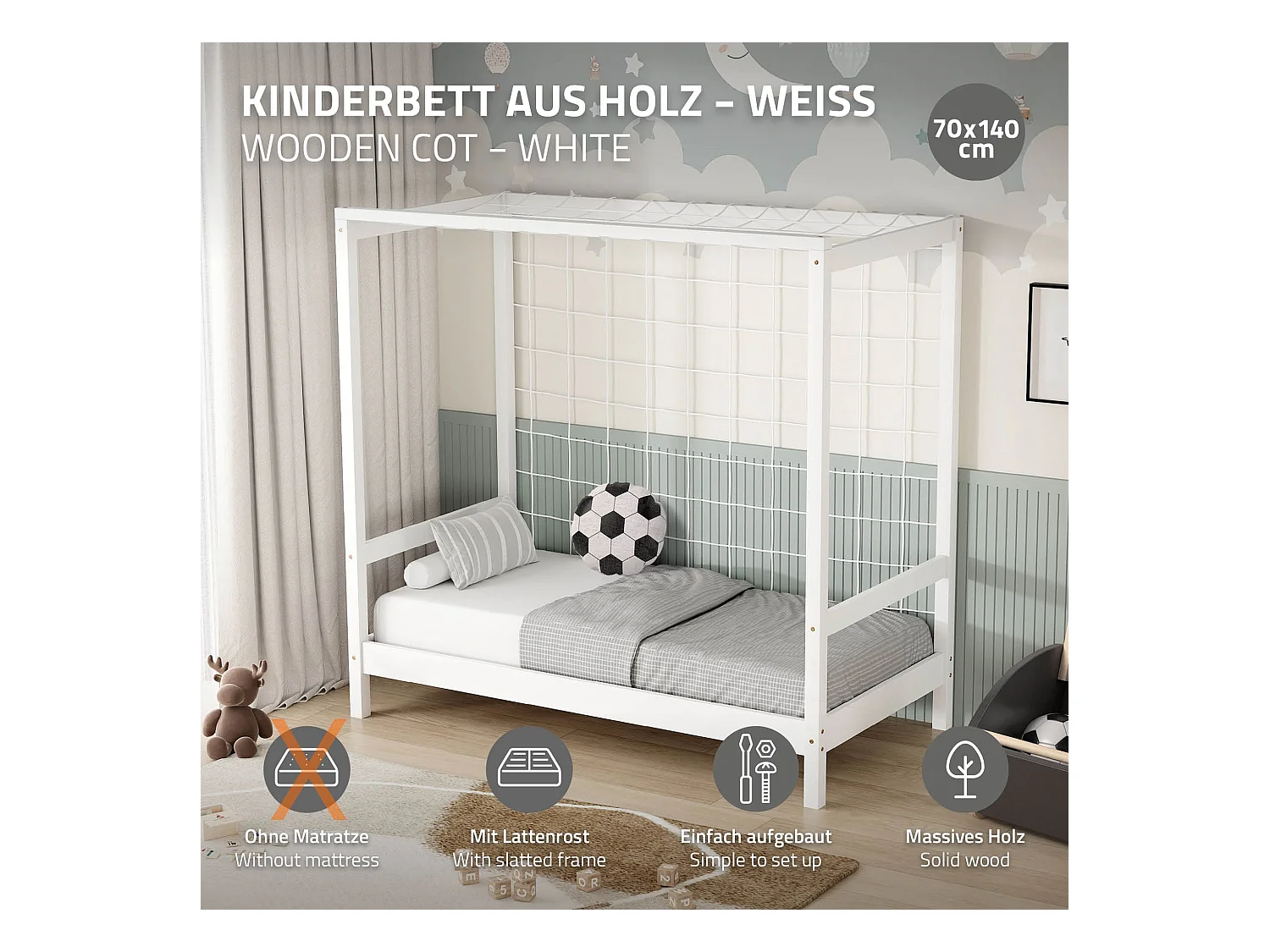 Lit d'enfant but de foot 70x140 cm blanc cadre de lit en bois de pin massif avec sommier à lattes cage de football et matériel de montage d'adolescent