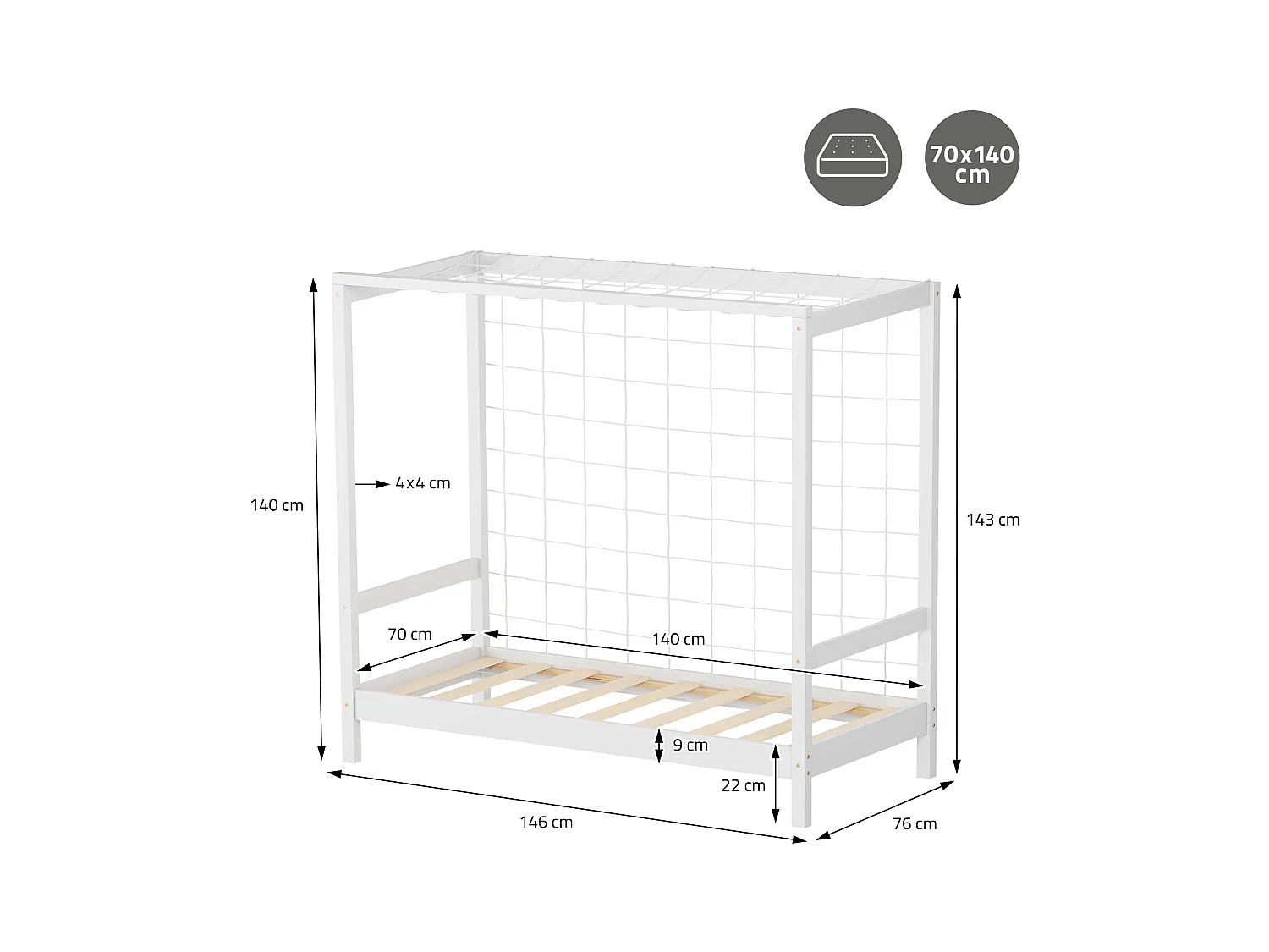 Lit d'enfant but de foot 70x140 cm blanc cadre de lit en bois de pin massif avec sommier à lattes cage de football et matériel de montage d'adolescent