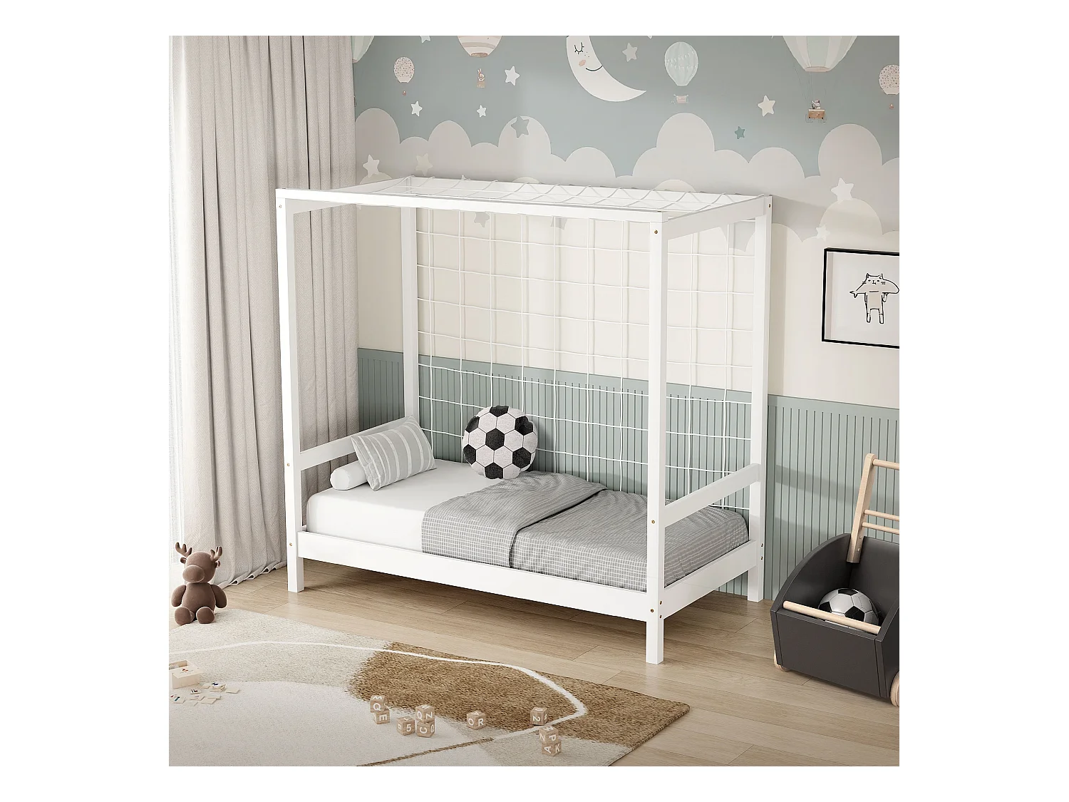 Lit d'enfant but de foot 70x140 cm blanc cadre de lit en bois de pin massif avec sommier à lattes cage de football et matériel de montage d'adolescent