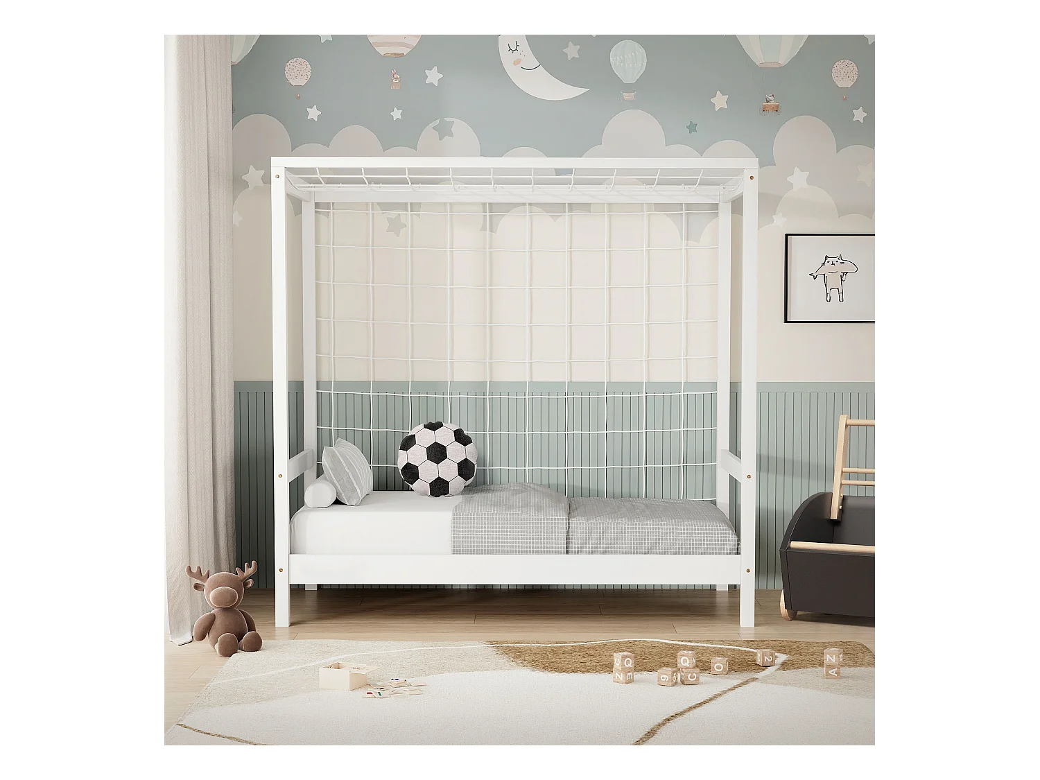 Lit d'enfant but de foot 70x140 cm blanc cadre de lit en bois de pin massif avec sommier à lattes cage de football et matériel de montage d'adolescent