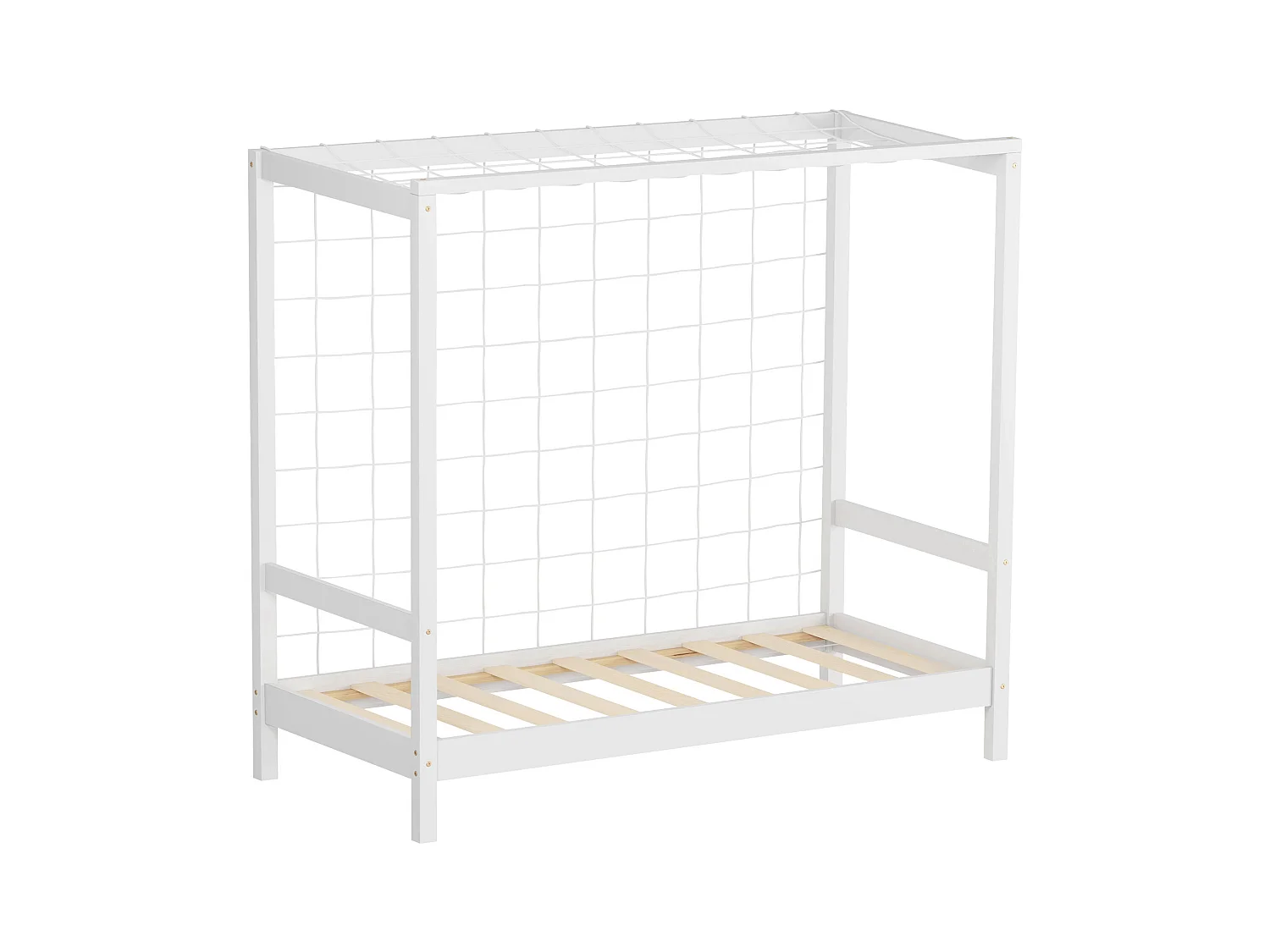 ML-Design Cama infantil con portería de fútbol 70x140 cm de madera maciza de pino color blanco, cuna individual para niño con somier de láminas y red