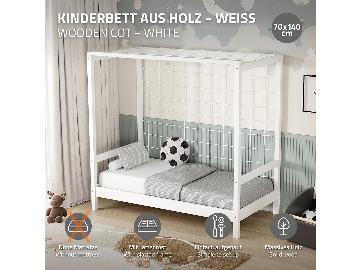 Lit d'enfant but de foot 70x140 cm blanc cadre de lit en bois de pin massif avec sommier à lattes cage de football et matériel de montage d'adolescent