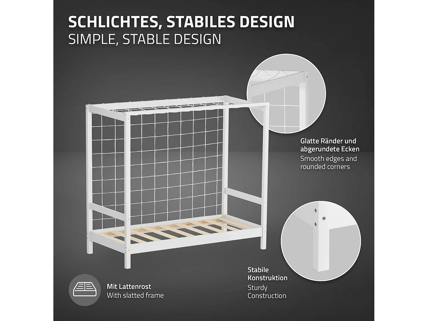 Lit d'enfant but de foot 70x140 cm blanc cadre de lit en bois de pin massif avec sommier à lattes cage de football et matériel de montage d'adolescent