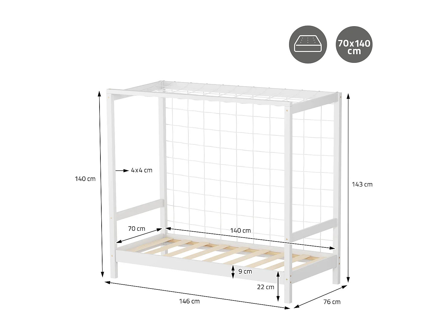 Lit d'enfant but de foot 70x140 cm blanc cadre de lit en bois de pin massif avec sommier à lattes cage de football et matériel de montage d'adolescent
