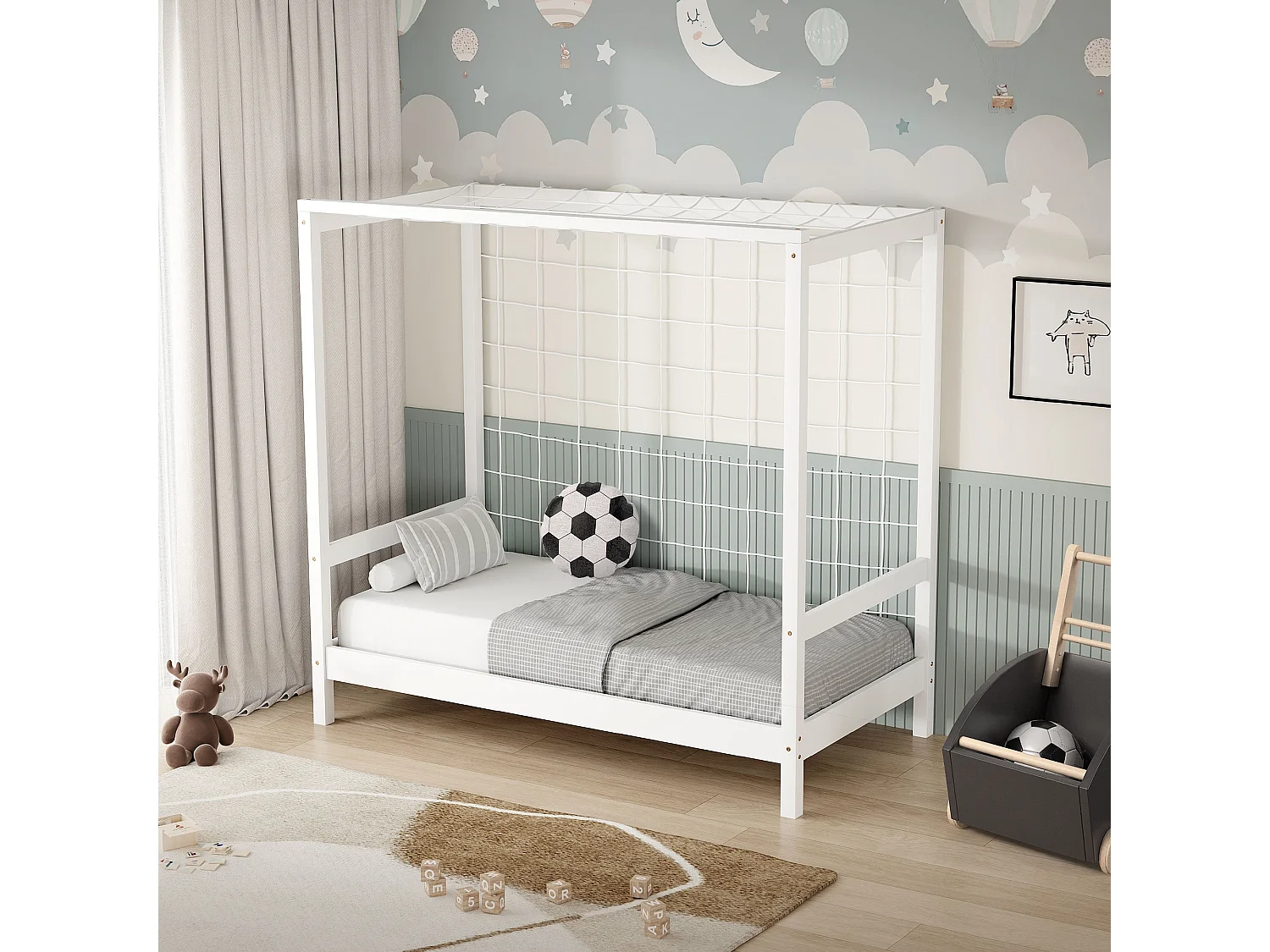 Lit d'enfant but de foot 70x140 cm blanc cadre de lit en bois de pin massif avec sommier à lattes cage de football et matériel de montage d'adolescent