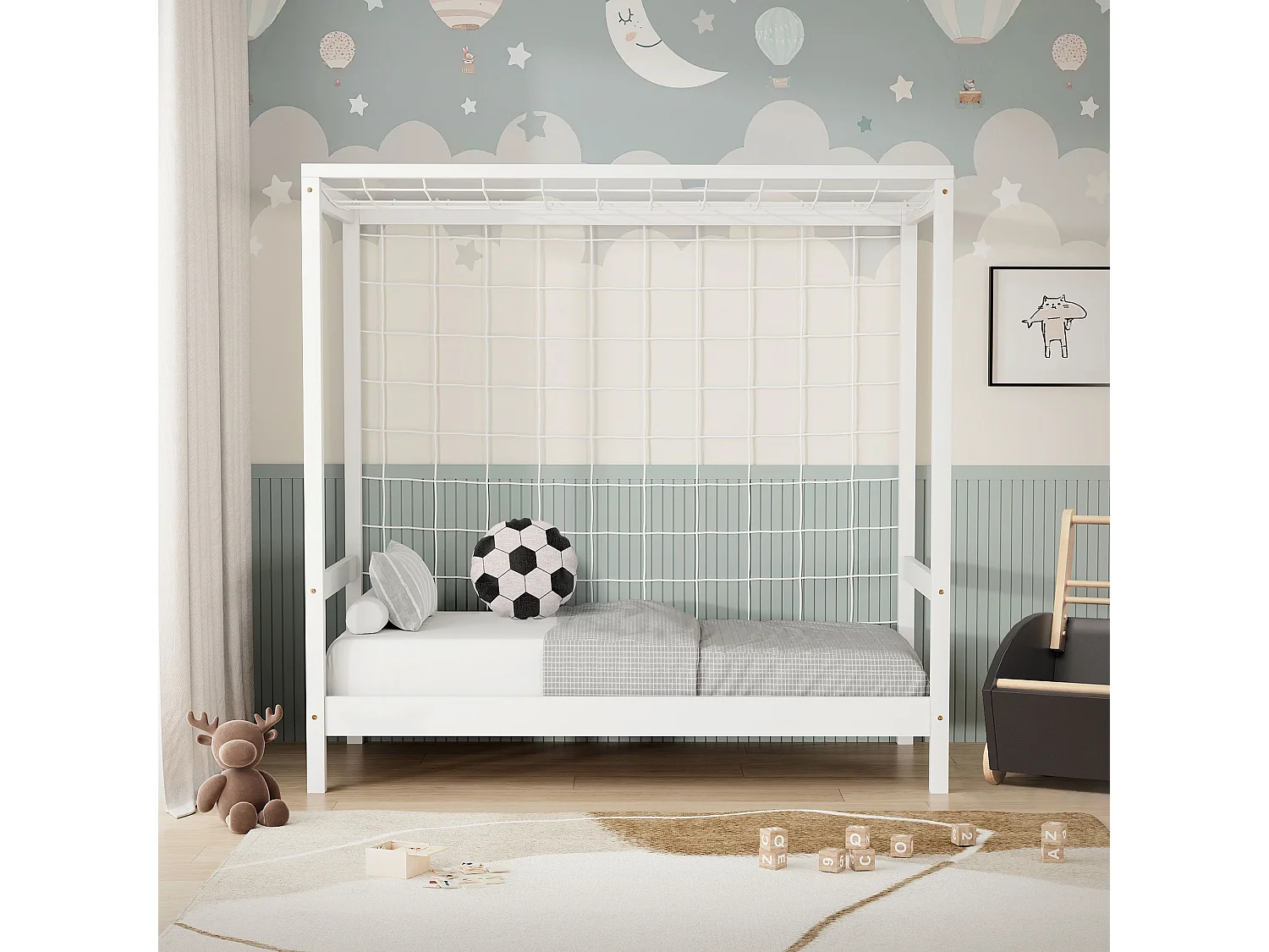 Lit d'enfant but de foot 70x140 cm blanc cadre de lit en bois de pin massif avec sommier à lattes cage de football et matériel de montage d'adolescent