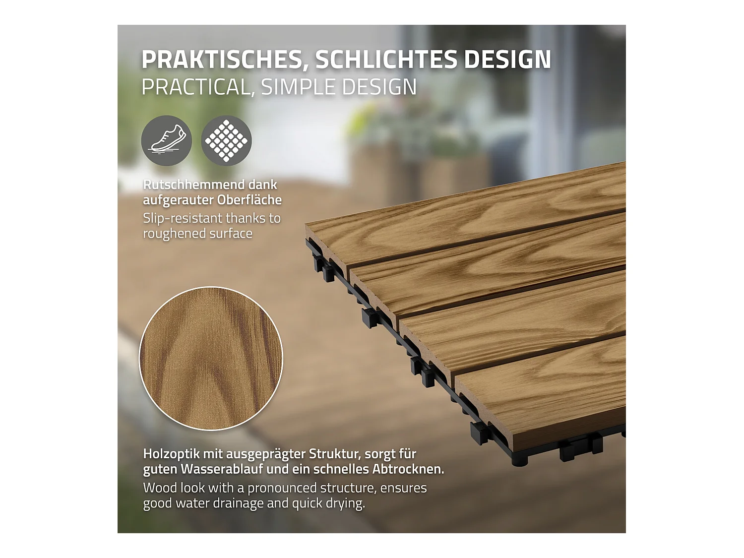 ECD Germany Baldosas para exterior de WPC marrón teca 30x30cm efecto madera 44 piezas para 4m² con sistema clic, losas para terraza, balcón o patio
