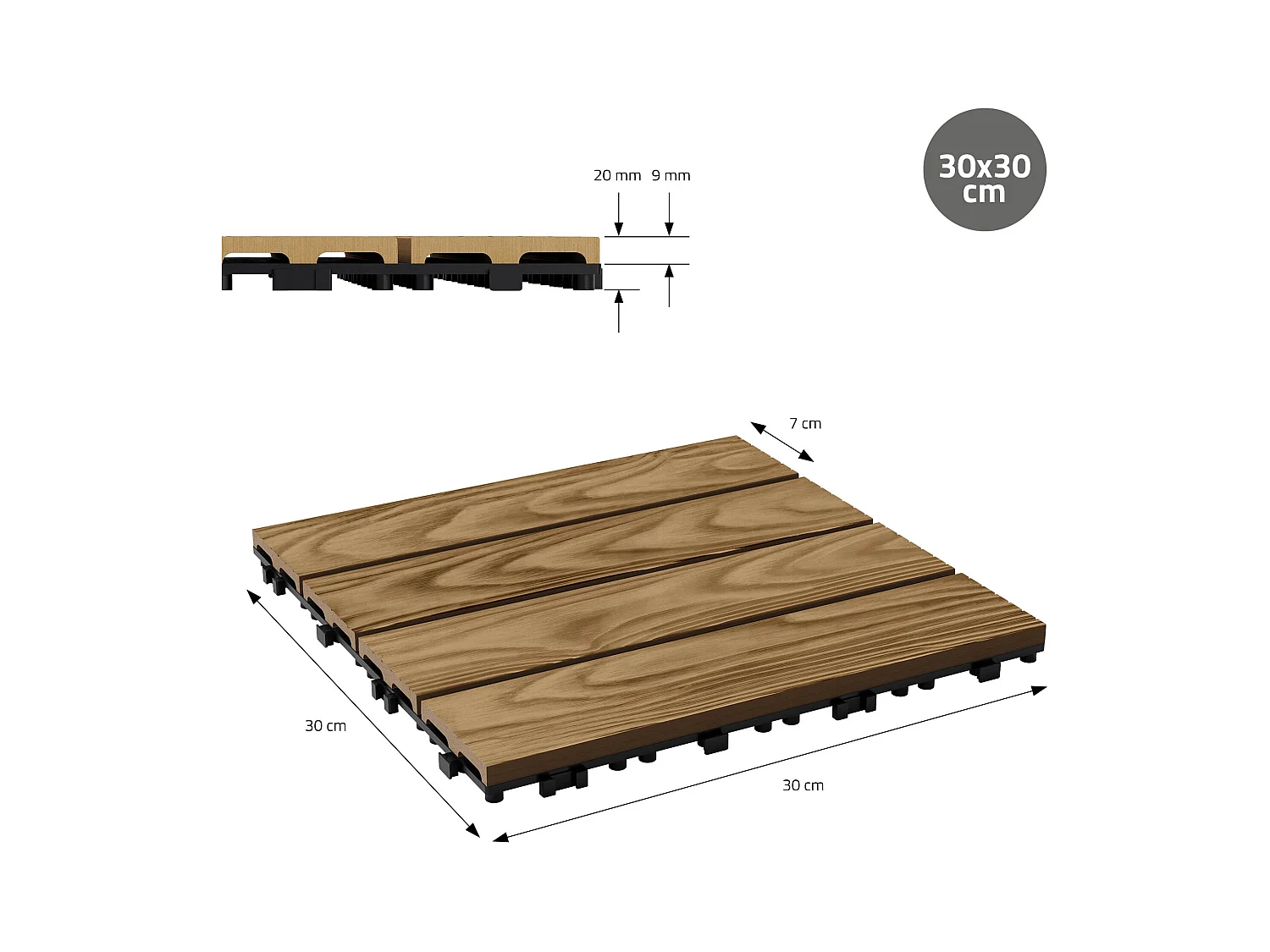 ECD Germany Baldosas para exterior de WPC marrón teca 30x30cm efecto madera 44 piezas para 4m² con sistema clic, losas para terraza, balcón o patio