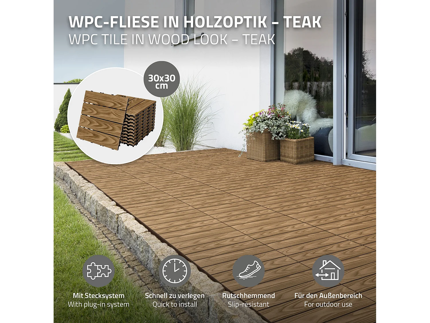 Dalles de terrasse WPC 30x30cm 22 pièces 2m² teck aspect bois avec système clipsable et drainage antidérapant intérieur extérieur revêtement de sol