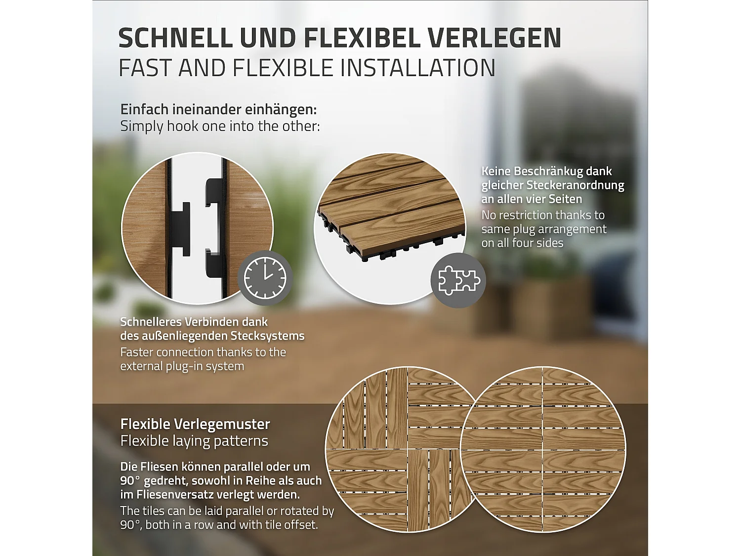 Dalles de terrasse WPC 30x30cm 22 pièces 2m² teck aspect bois avec système clipsable et drainage antidérapant intérieur extérieur revêtement de sol