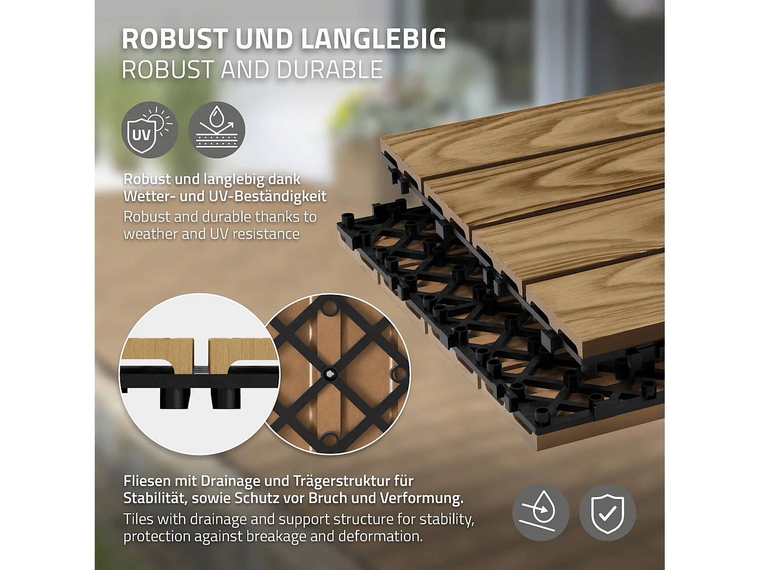 ECD Germany Piastrelle per terrazze wpc 30x30cm teak set 22 pezzi 2m² effetto legno con drenaggio sistema clic per balconi giardini pavimenti esterni