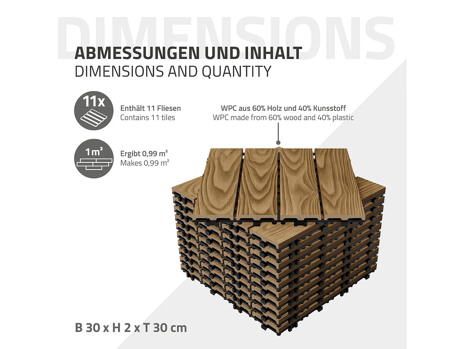 ECD Germany Piastrelle per terrazze wpc 30x30cm teak set 22 pezzi 2m² effetto legno con drenaggio sistema clic per balconi giardini pavimenti esterni