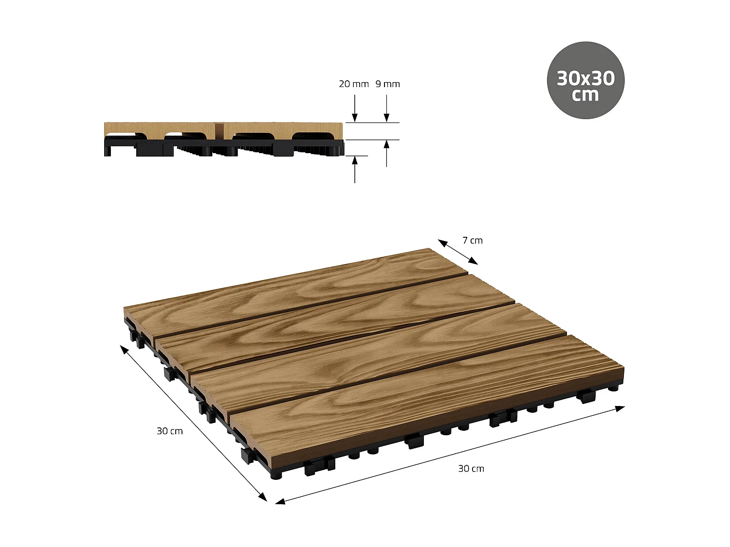 ECD Germany Piastrelle per terrazze wpc 30x30cm teak set 22 pezzi 2m² effetto legno con drenaggio sistema clic per balconi giardini pavimenti esterni