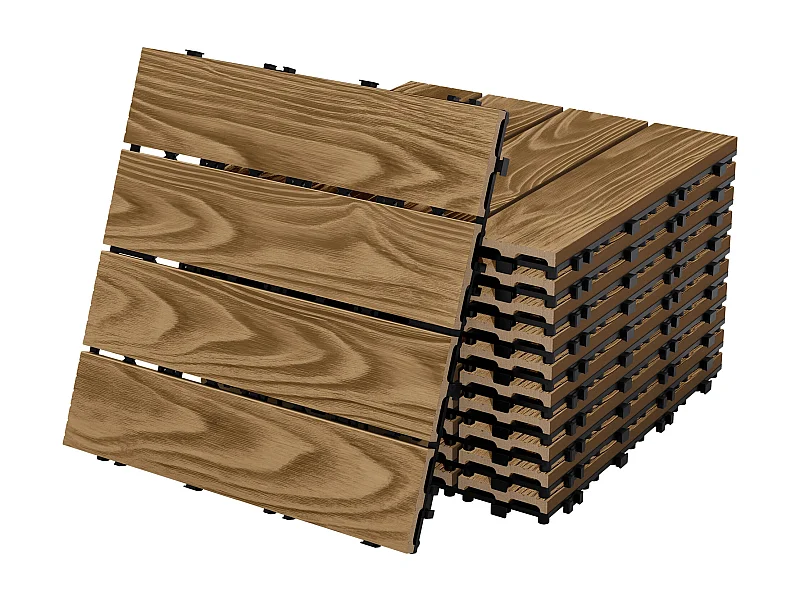 ECD Germany Piastrelle per terrazze wpc 30x30cm teak set 11 pezzi 1 m² effetto legno con drenaggio sistema clic per balconi giardini pavimenti esterni