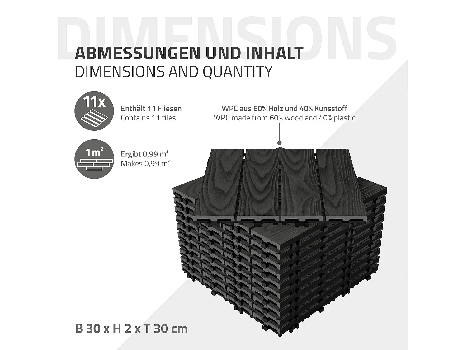 Dalles de terrasse WPC 30x30cm 22 pièces 2m² anthracite aspect bois avec système clipsable drainage antidérapant intérieur extérieur revêtement de sol