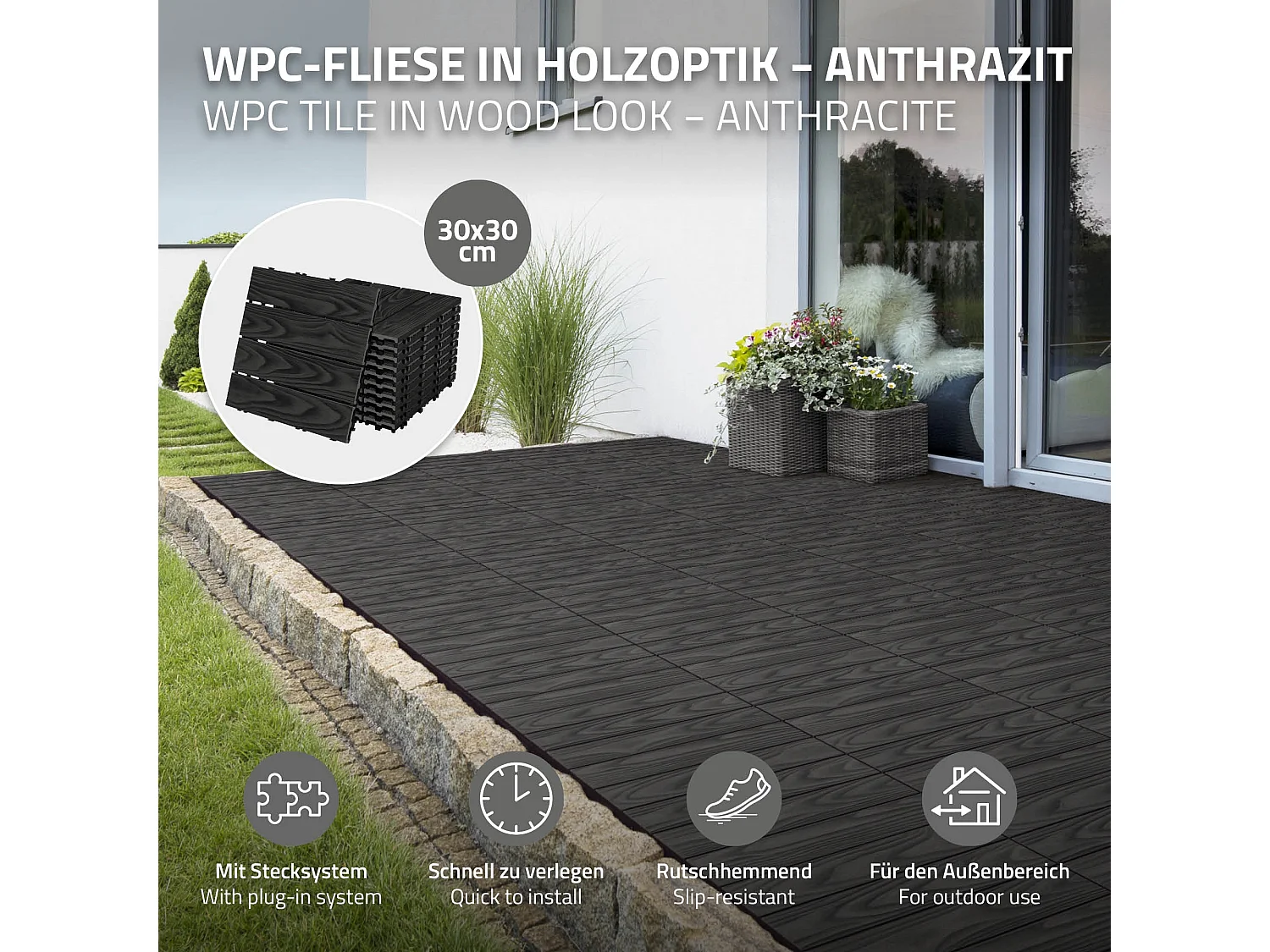ECD Germany Baldosas para exterior de WPC antracita 30x30cm efecto madera 22 piezas para 2m² con sistema clic, losas para terraza, balcón o patio
