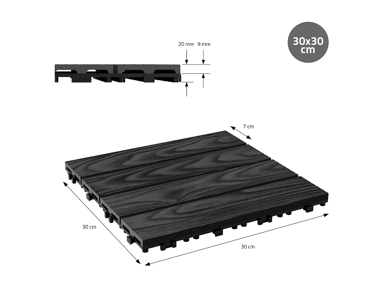 ECD Germany Baldosas para exterior de WPC antracita 30x30cm efecto madera 22 piezas para 2m² con sistema clic, losas para terraza, balcón o patio