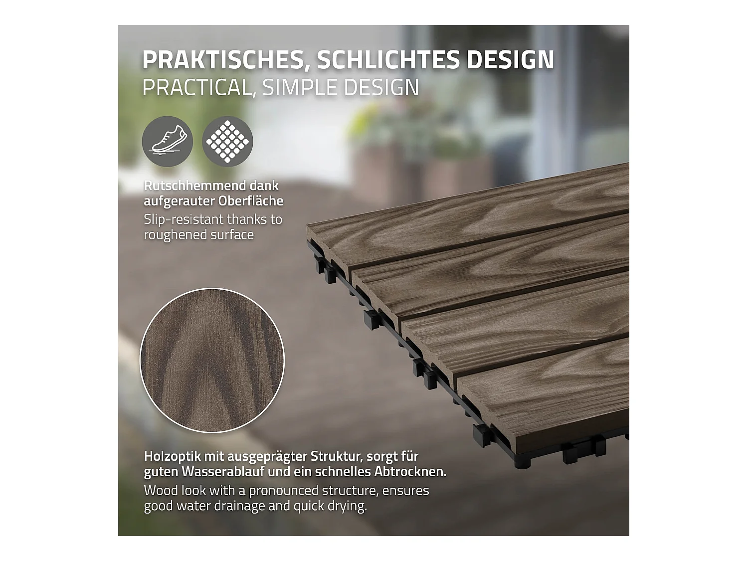 Dalles de terrasse WPC 30x30cm 55 pièces 5m² marron foncé aspect bois système clipsable drainage antidérapant intérieur extérieur revêtement de sol