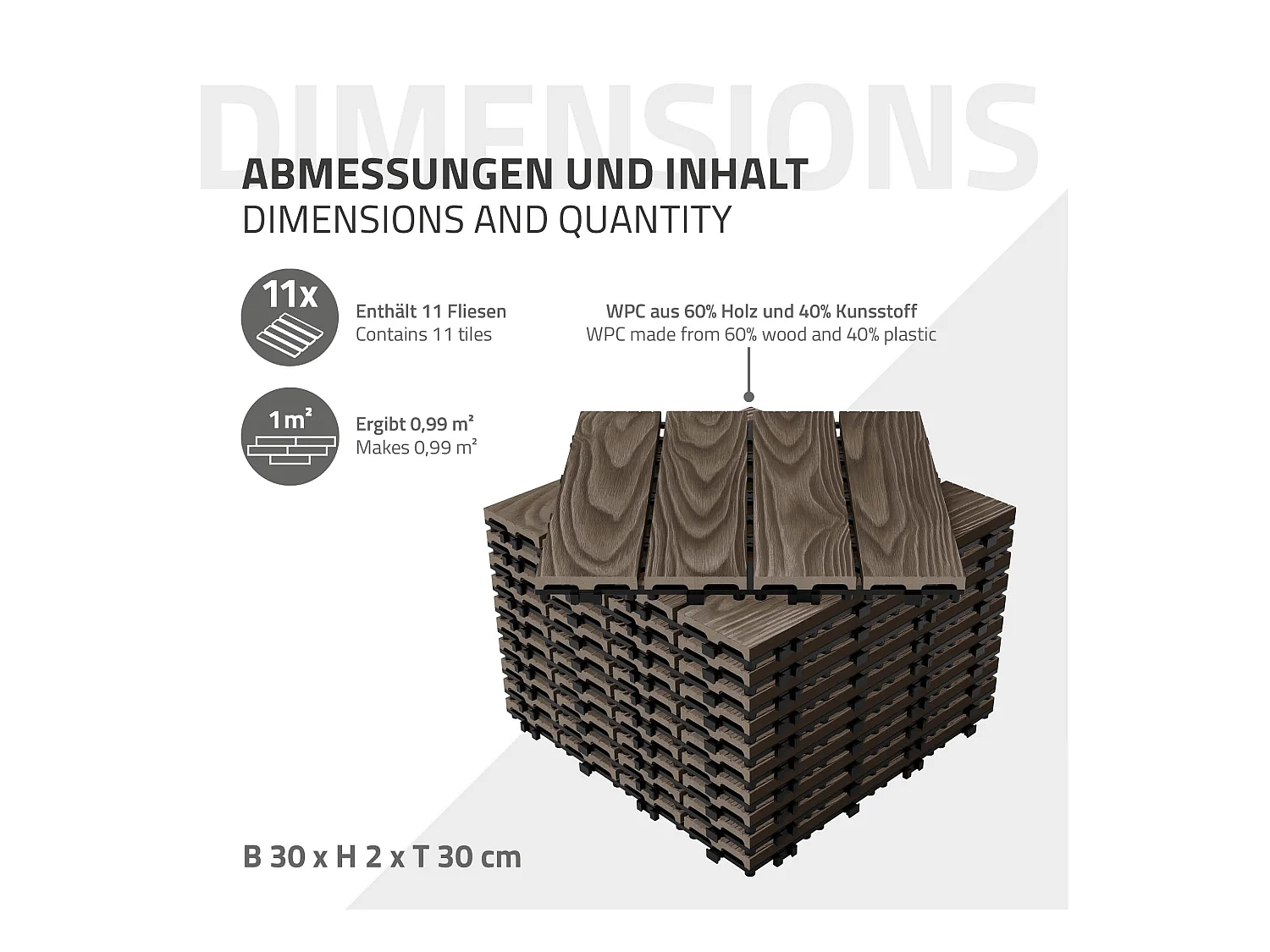 Dalles de terrasse WPC 30x30cm 55 pièces 5m² marron foncé aspect bois système clipsable drainage antidérapant intérieur extérieur revêtement de sol